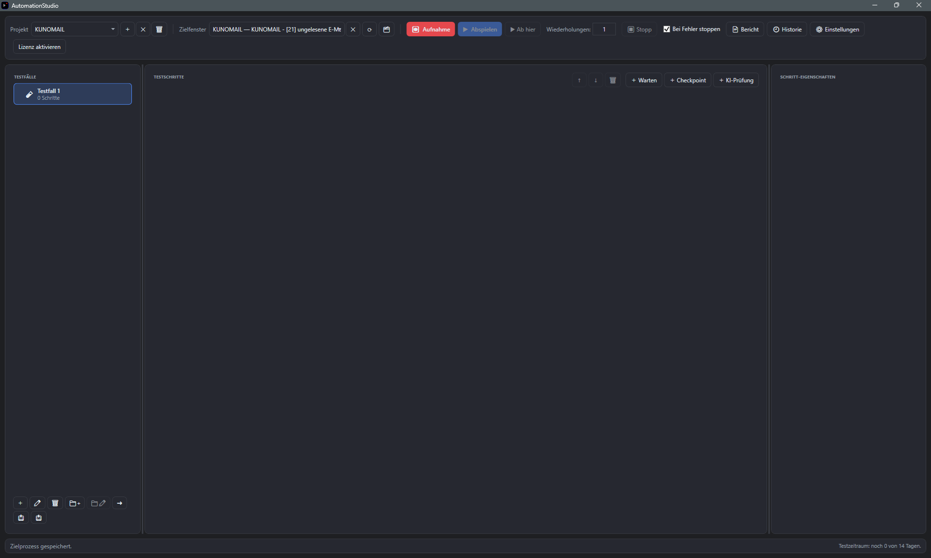 Screenshot: Automation Studio Hauptfenster mit Testfall-Baum, Schritte-Liste und Eigenschaften-Panel