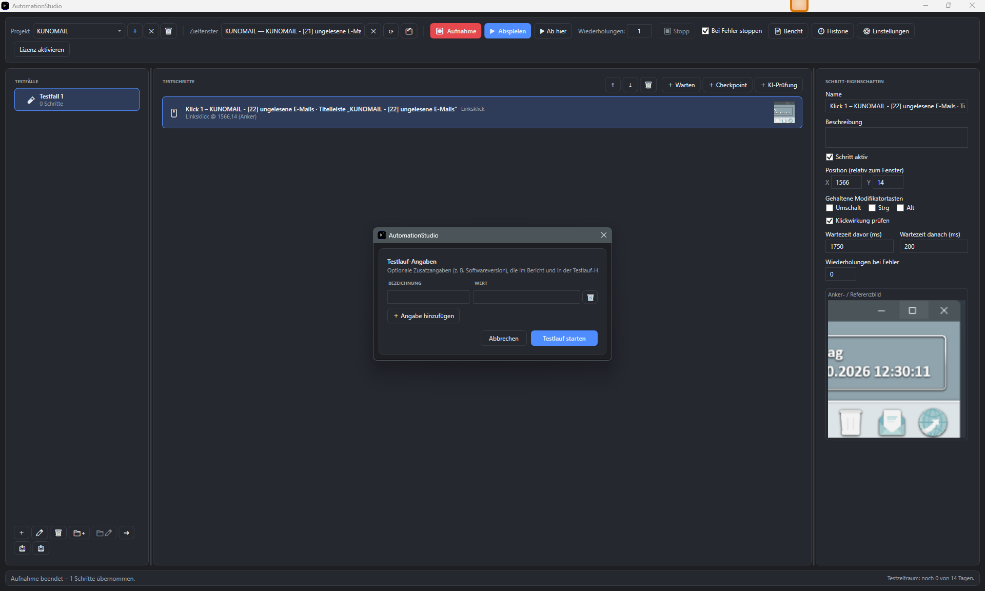 Screenshot: Aufgezeichneter Testschritt mit Anker-Referenzbild und Dialog für optionale Testlauf-Angaben