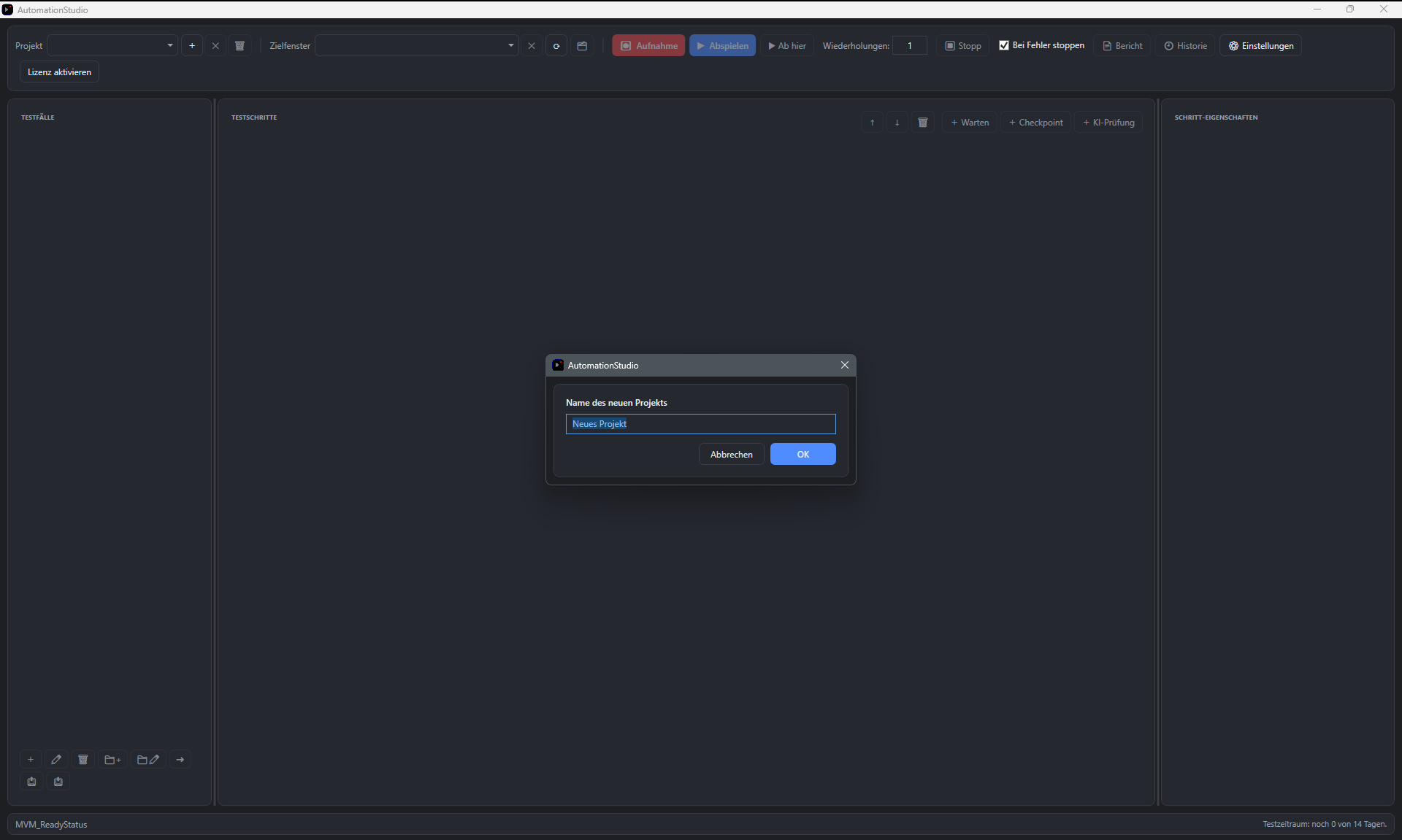 Screenshot: Dialog Neues Projekt mit Namensfeld