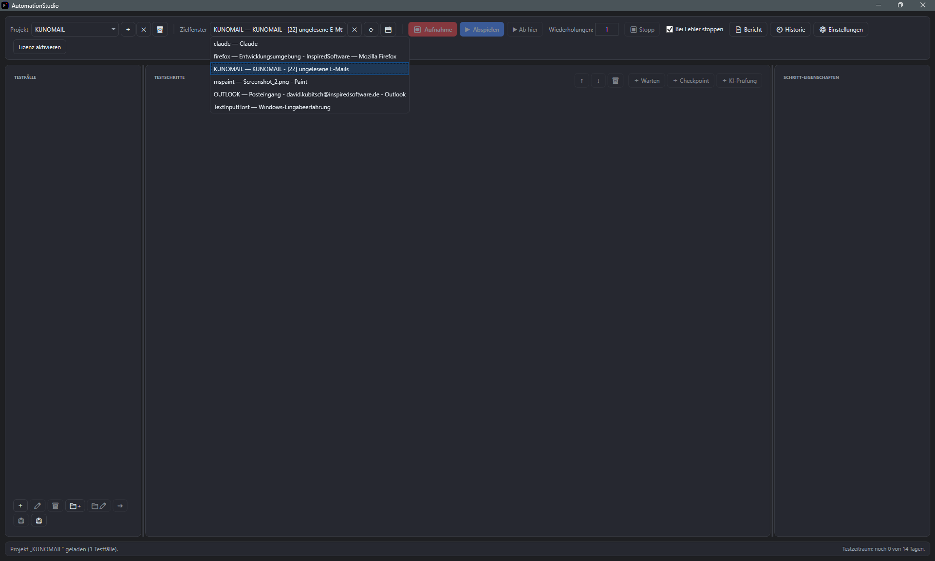 Screenshot: Projekteigenschaften mit Fenstertitel-Filter