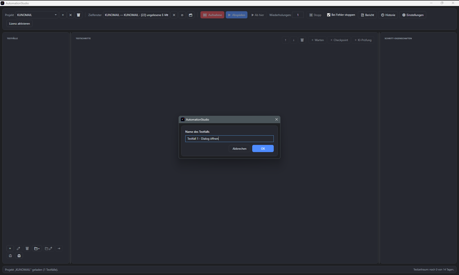 Screenshot: Neuer Testfall im leeren Testfall-Baum