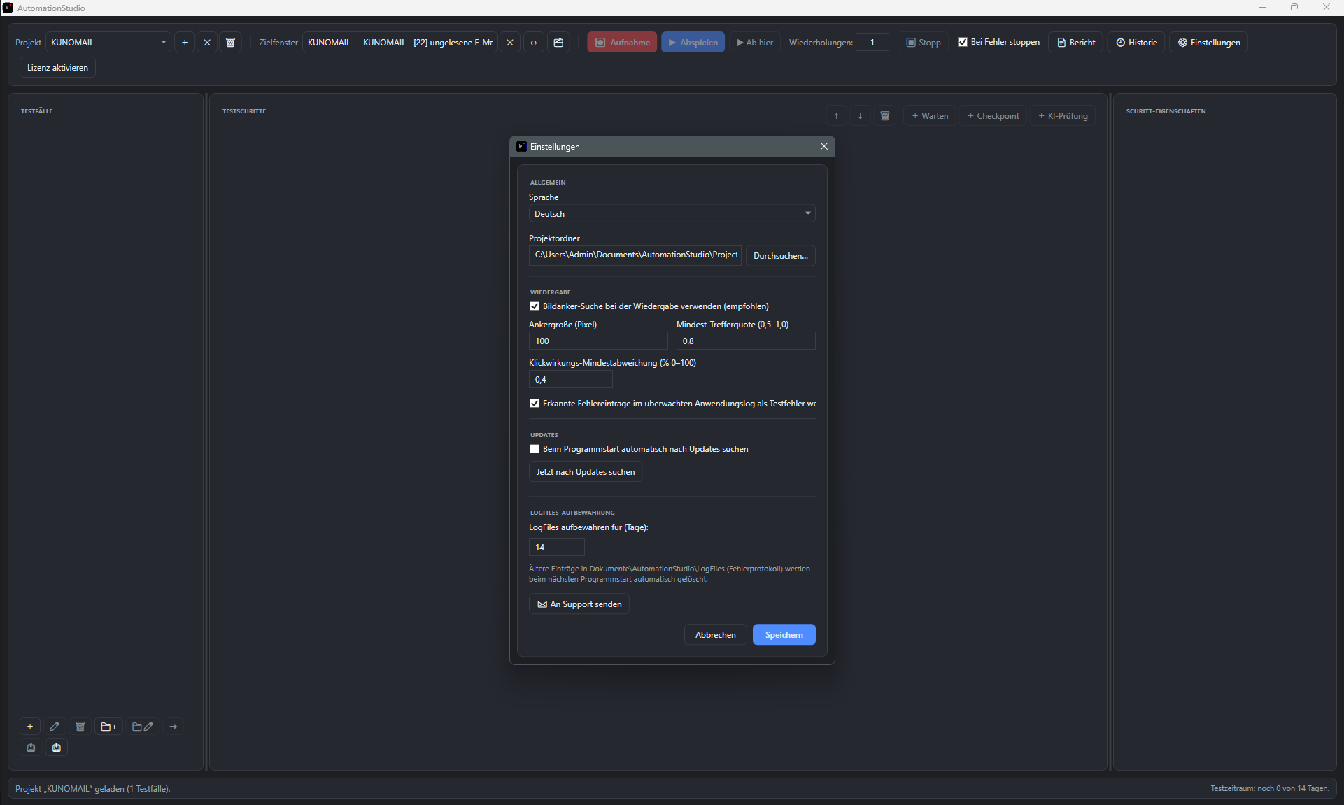 Screenshot: Einstellungen, Abschnitt Allgemein mit Sprache und Projektordner