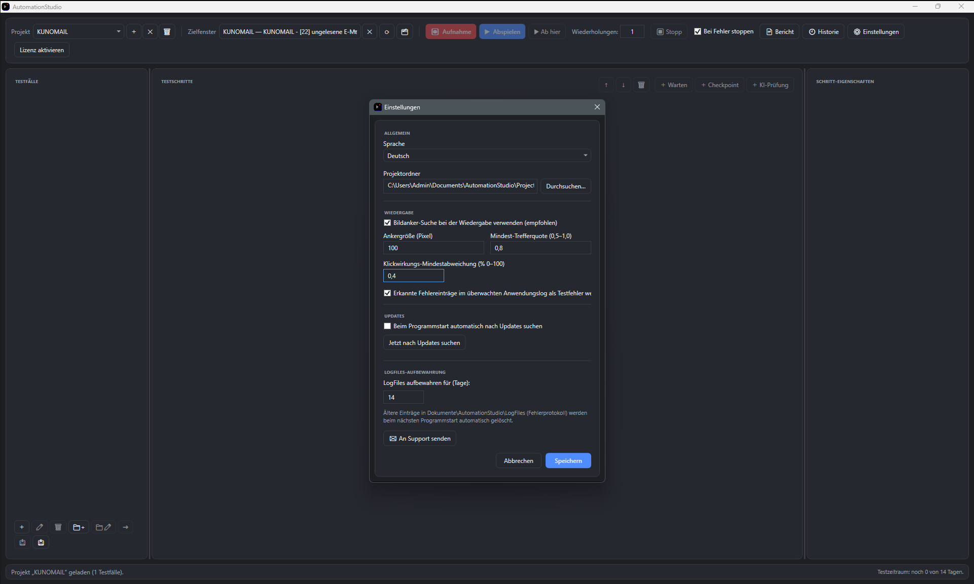 Screenshot: Einstellungen, Abschnitt Bildanker-Suche mit Patch-Groesse und Min-Score