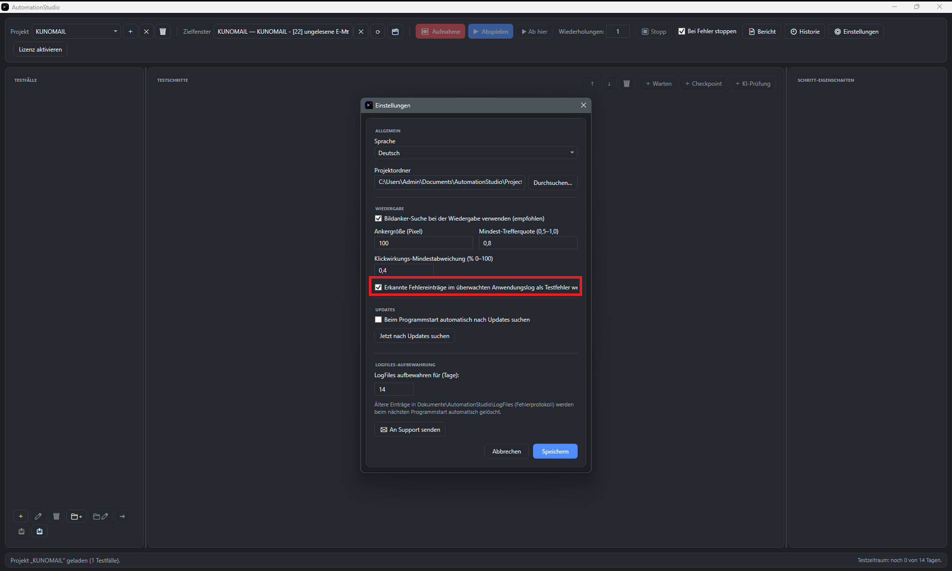 Screenshot: Einstellungen, Klick-Effekt-Mindestabweichung und Bei Log-Fehlern abbrechen