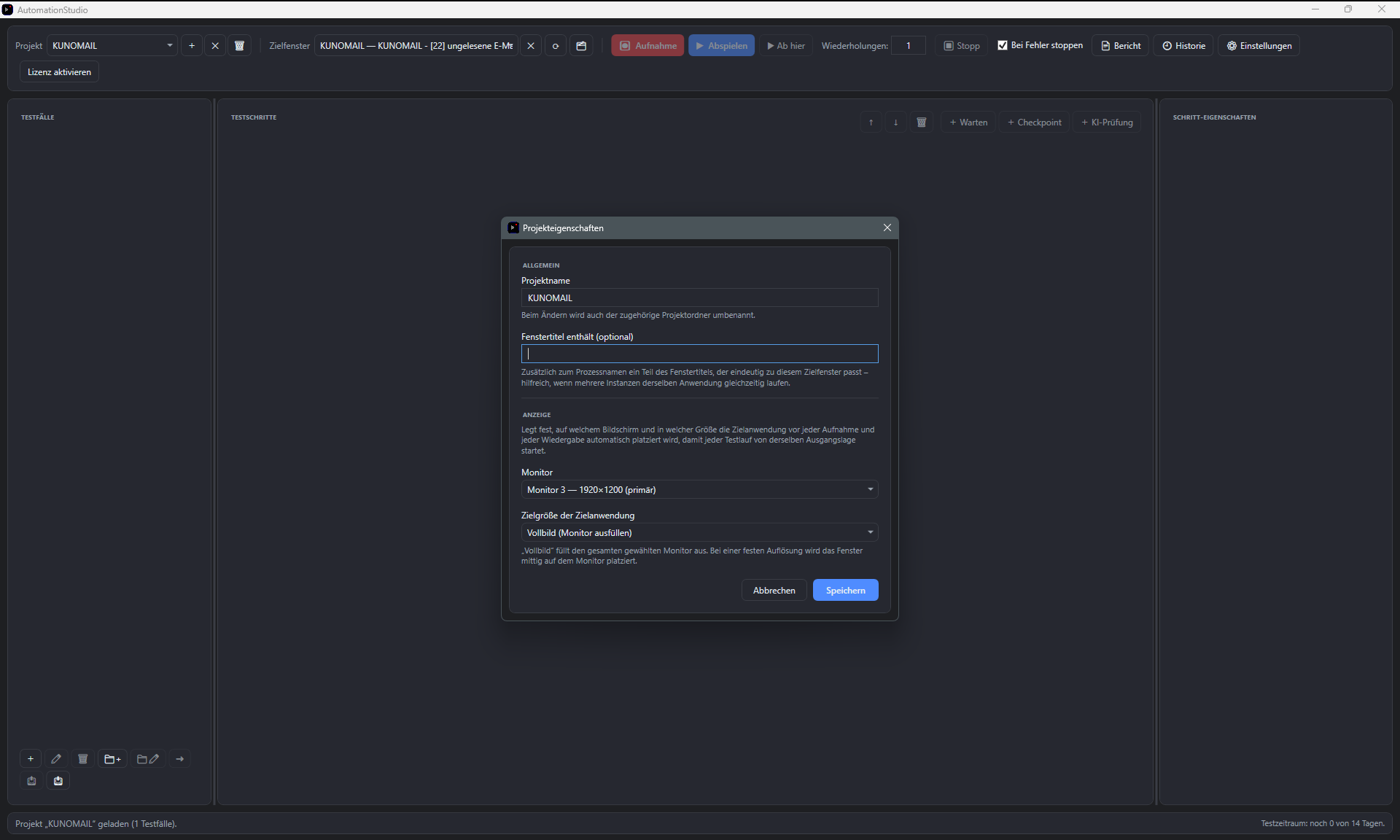 Screenshot: Projekteigenschaften-Dialog mit Name, Fenstertitel-Filter, Monitor und Zielgroesse