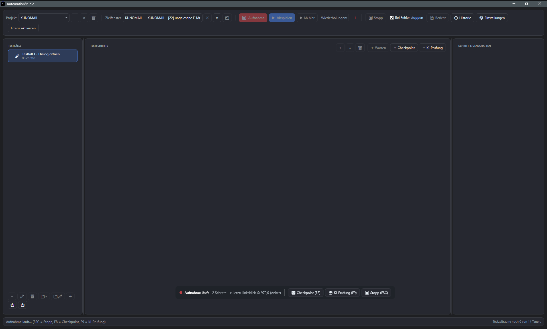 Screenshot: Testfall mit aktivem Aufnahme-Status und Hotkey-Hinweis