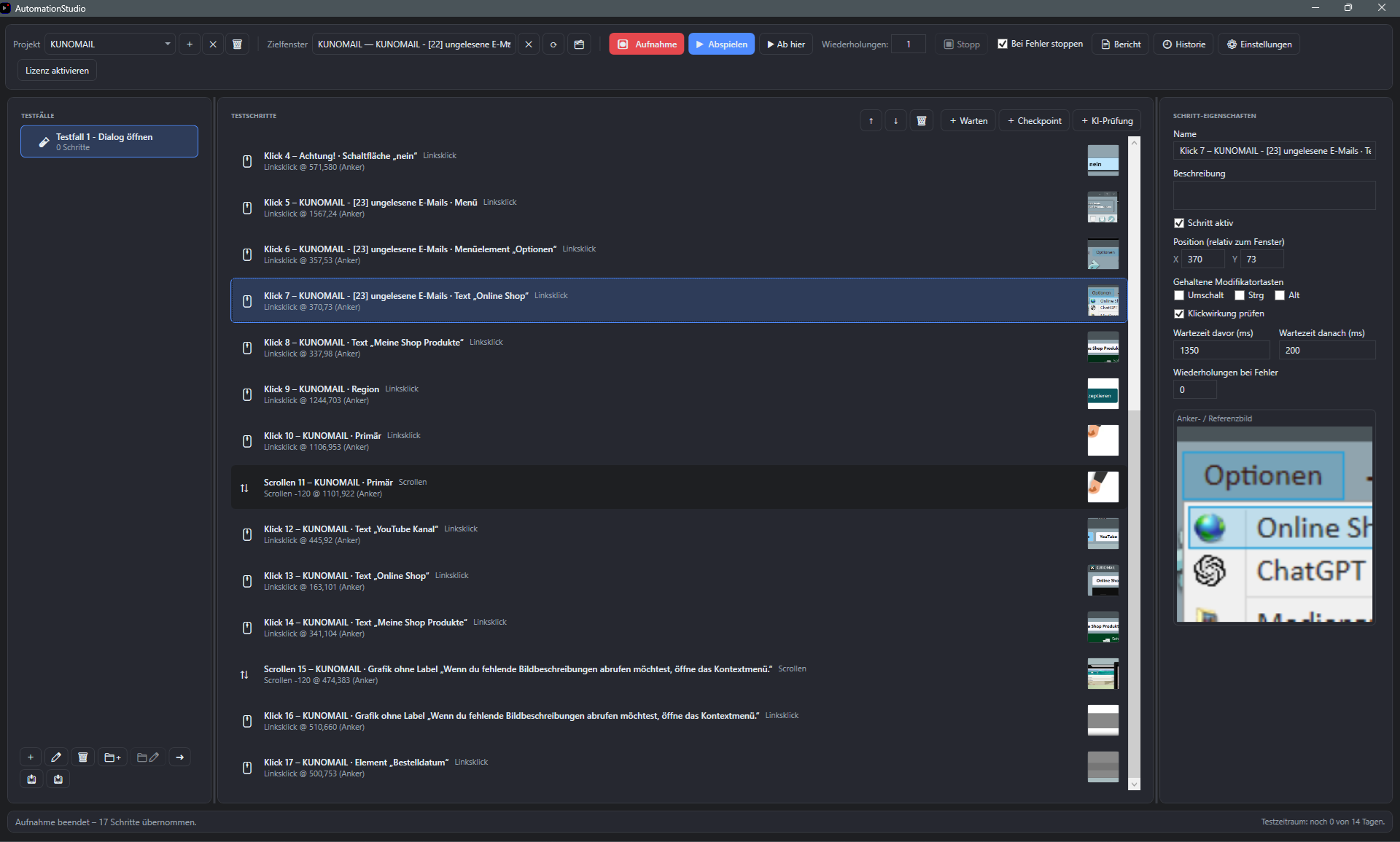 Screenshot: Schritte-Liste waechst waehrend der Aufnahme