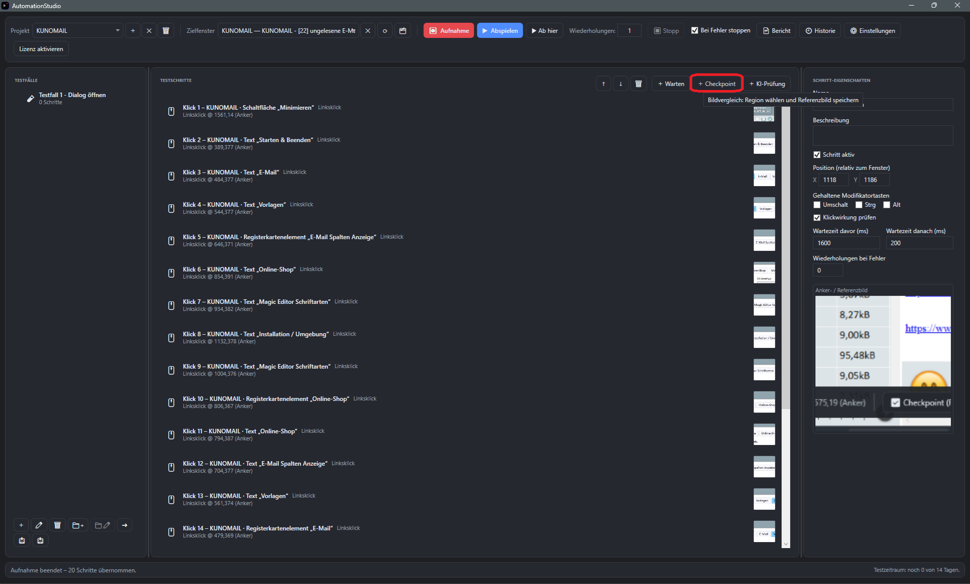 Screenshot: Neu eingefuegter Bild-Checkpoint-Schritt in der Liste