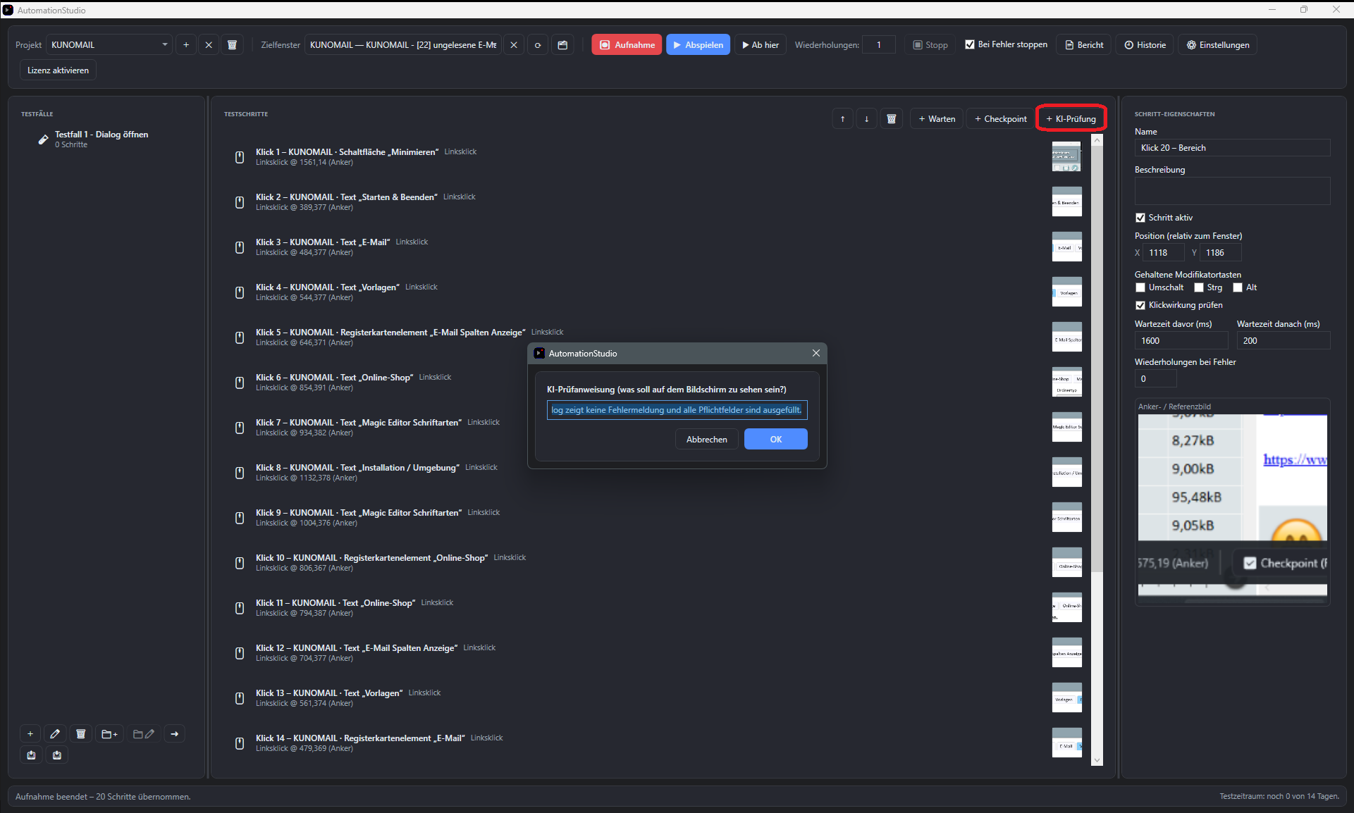 Screenshot: KI-Pruefungs-Schritt in der Liste, markiert als Ausblick-Feature