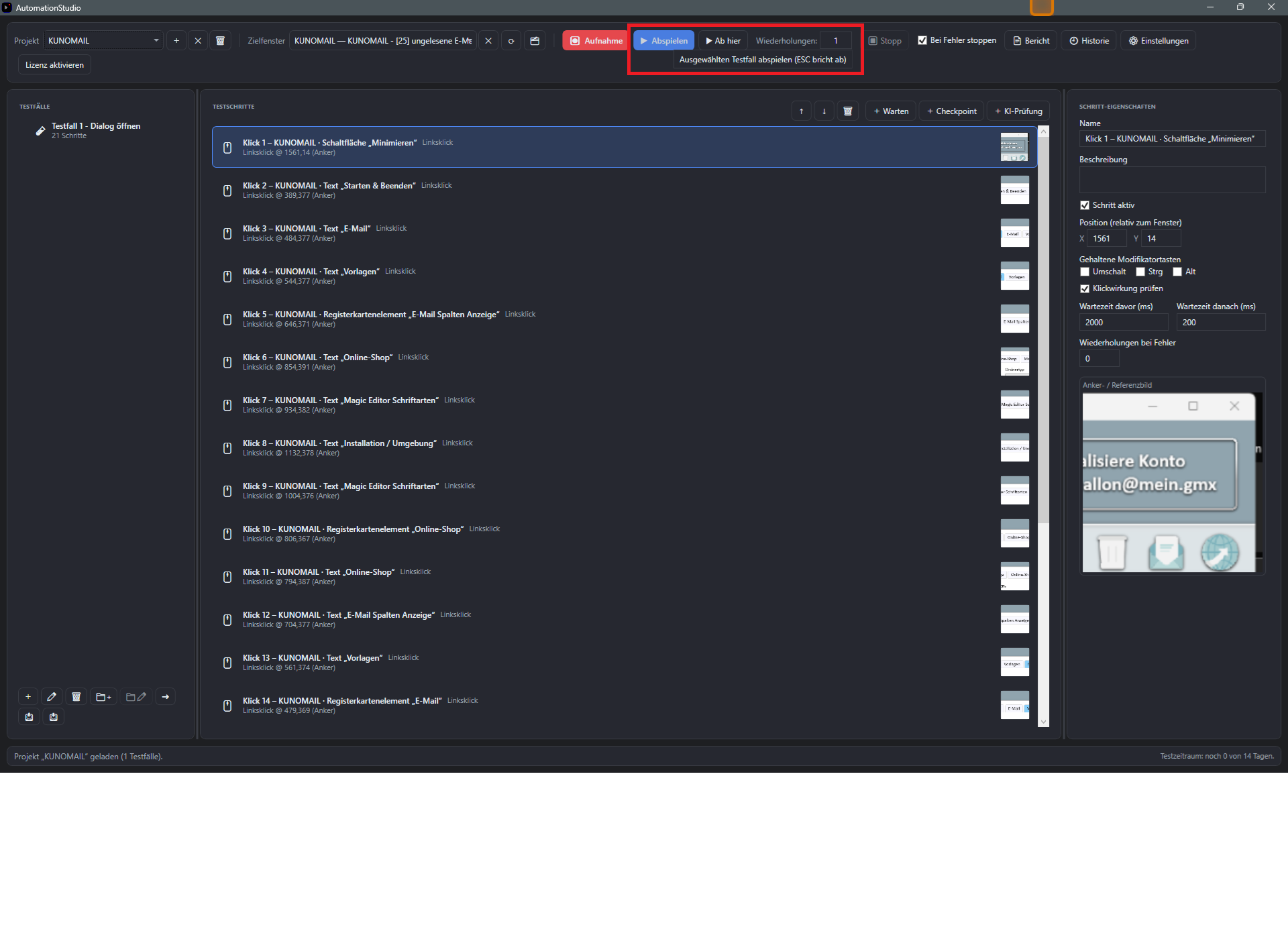 Screenshot: Abspielen-Schaltflaeche mit Tooltip in der Werkzeugleiste