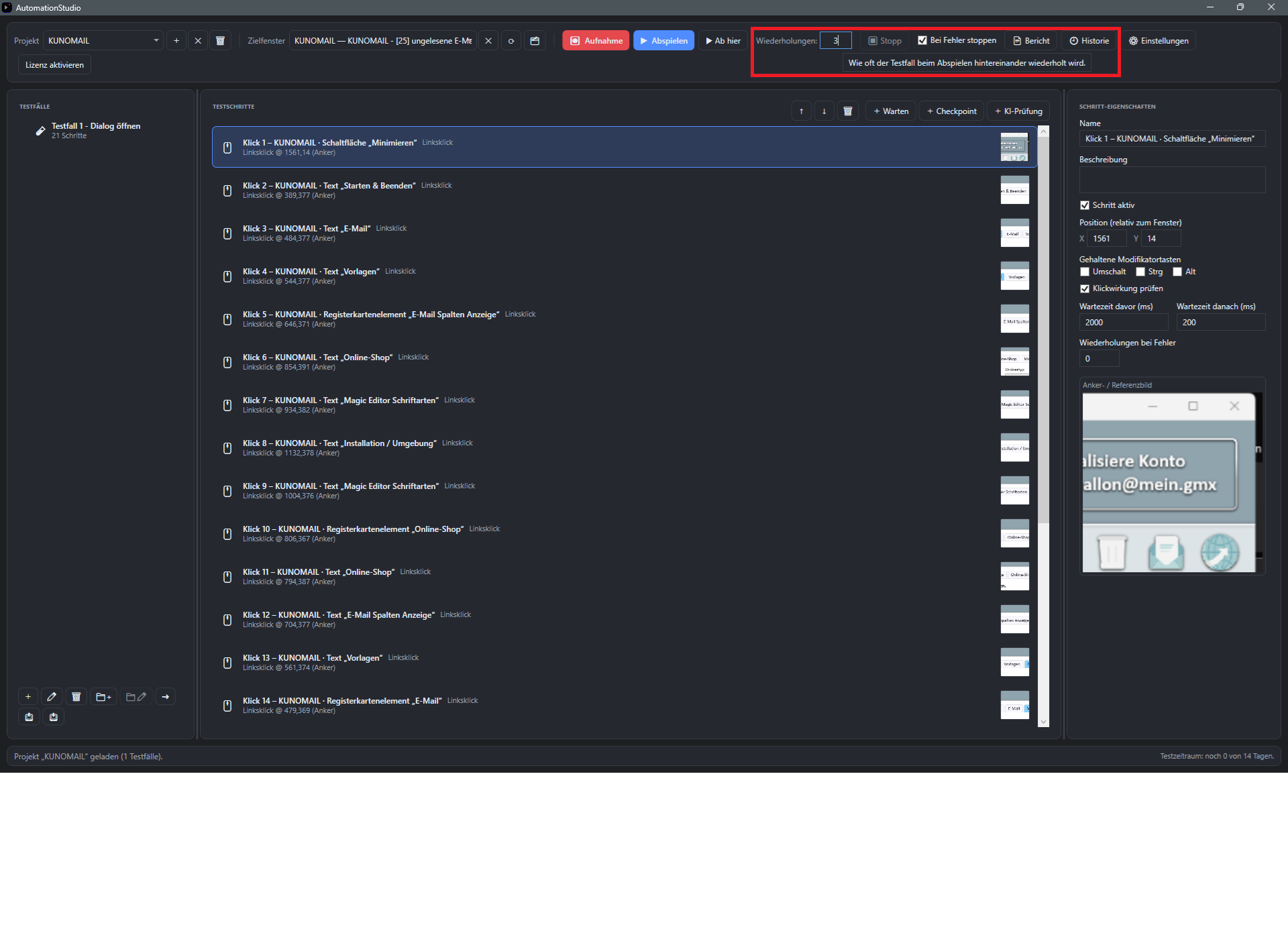 Screenshot: Wiederholungen-Feld mit Tooltip in der Werkzeugleiste