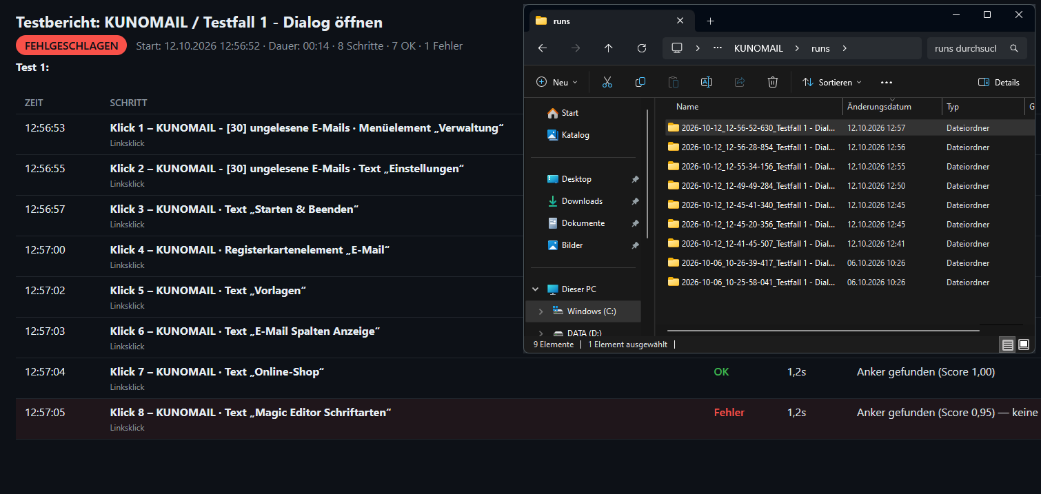 Screenshot: Fehlgeschlagener Testbericht im Browser neben dem Datei-Explorer mit den Lauf-Ordnern