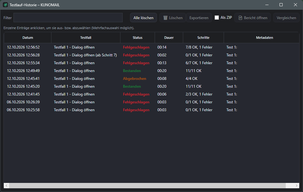 Screenshot: Testlauf-Historie mit Spalten für Datum/Zeit, Testfall, Status, Laufzeit, Schritte und Metadaten