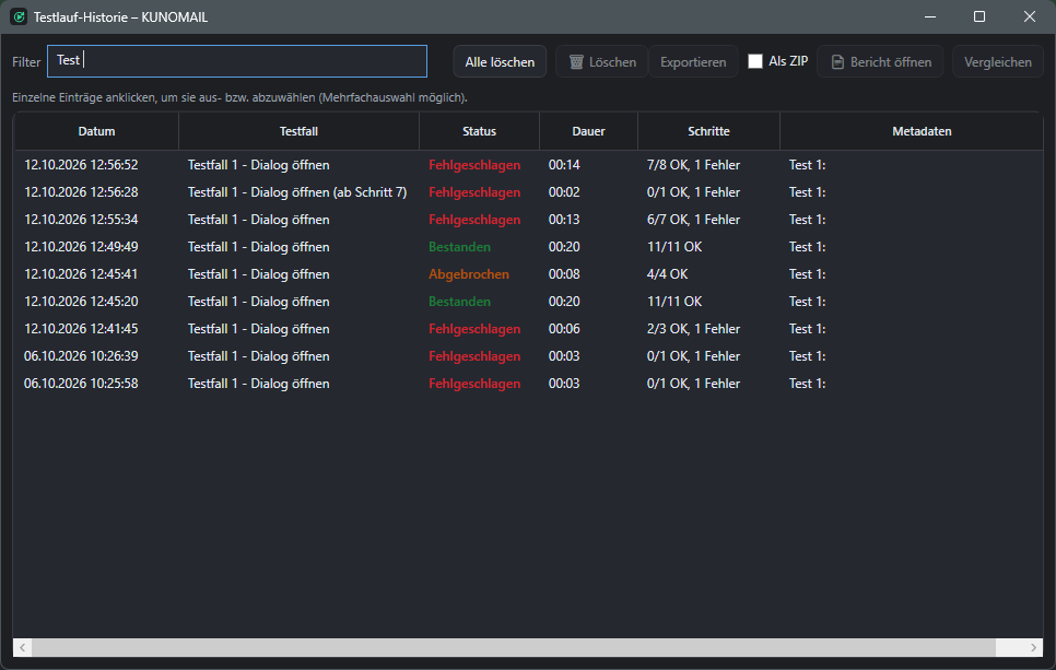 Screenshot: Testlauf-Historie mit Suchfeld und sortierbarem Spaltenkopf