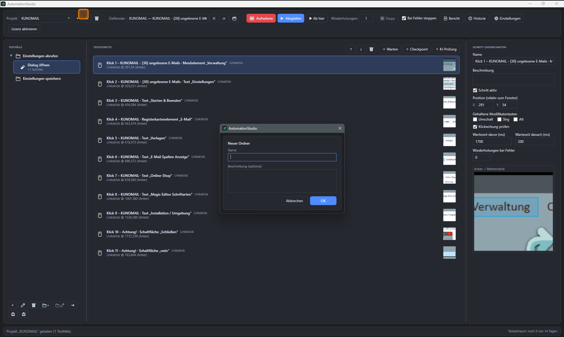 Screenshot: Testfall-Baum mit Ordner und verschachteltem Testfall, Dialog Neuer Ordner geoeffnet