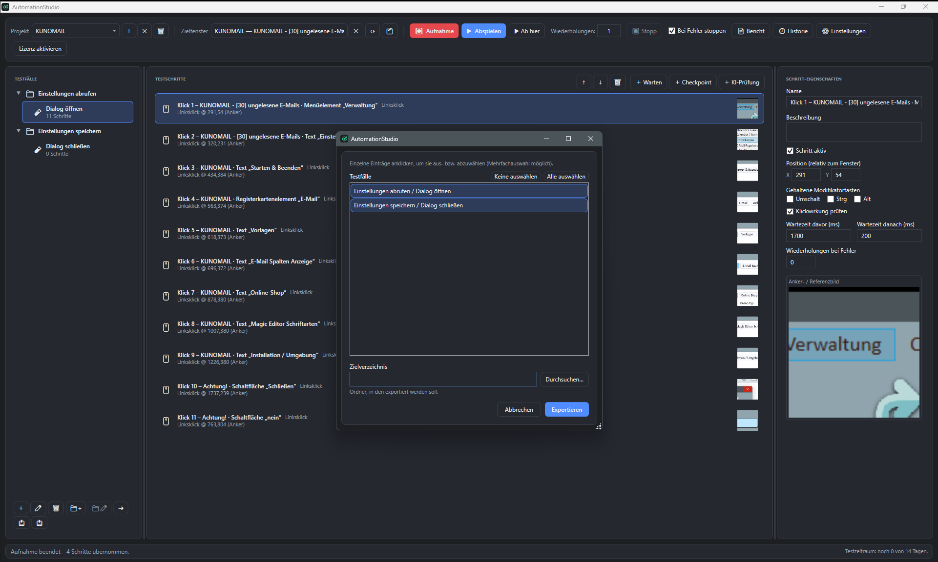Screenshot: Export-Dialog mit allen ausgewaehlten Testfaellen