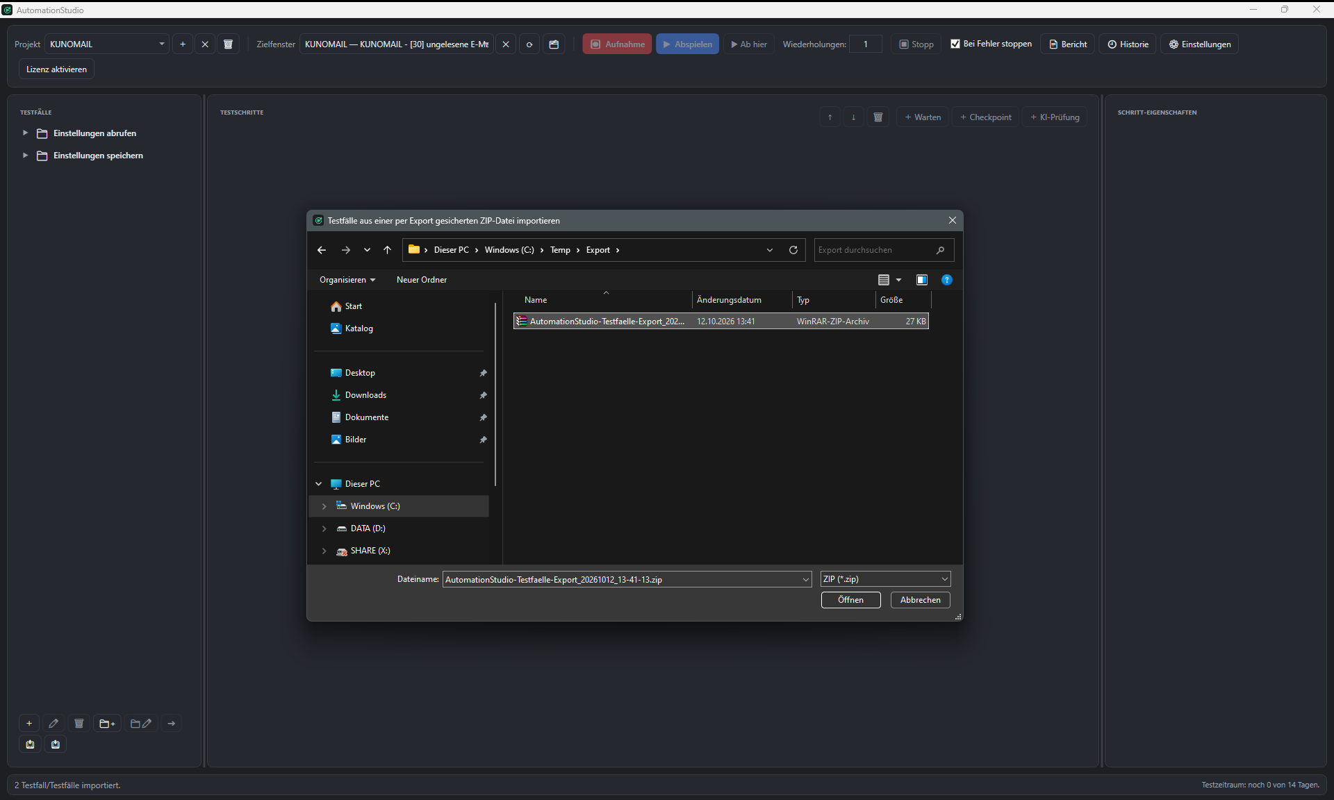 Screenshot: Dateiauswahl-Dialog zum Import einer per Export gesicherten ZIP-Datei