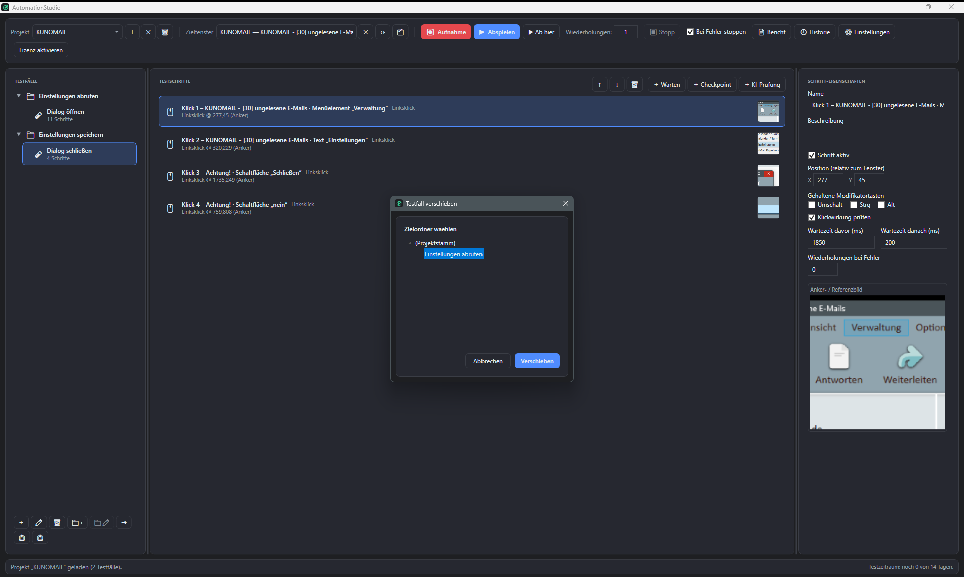 Screenshot: Dialog Testfall verschieben mit markiertem Zielordner