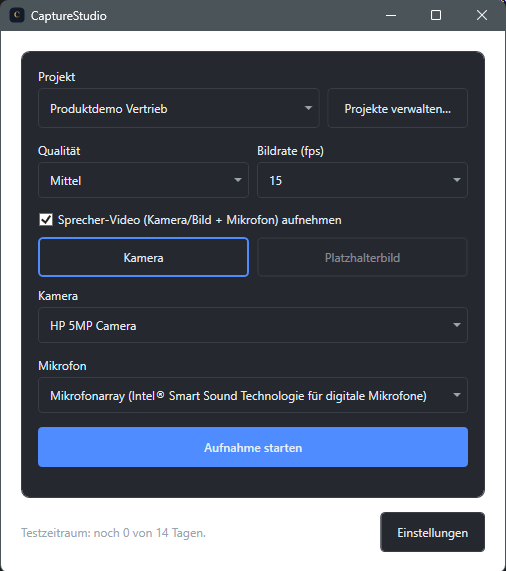 Screenshot: CaptureStudio Hauptfenster mit Projekt-Auswahl und Start-Button