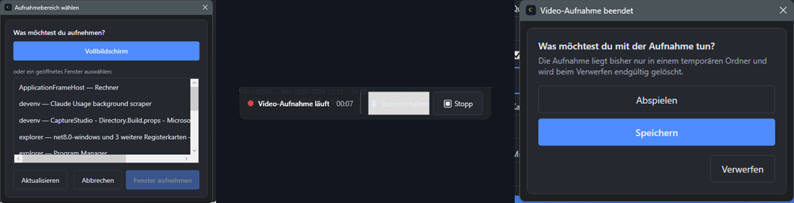 Screenshot: Ablauf Bereich waehlen, Aufnehmen, Nachbearbeiten, Exportieren