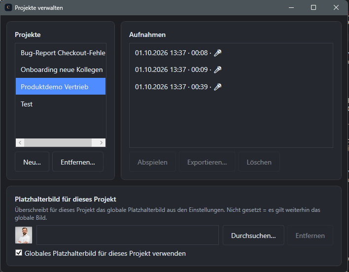 Screenshot: Projekte verwalten mit verschiedenen Projekten und Aufnahmenliste