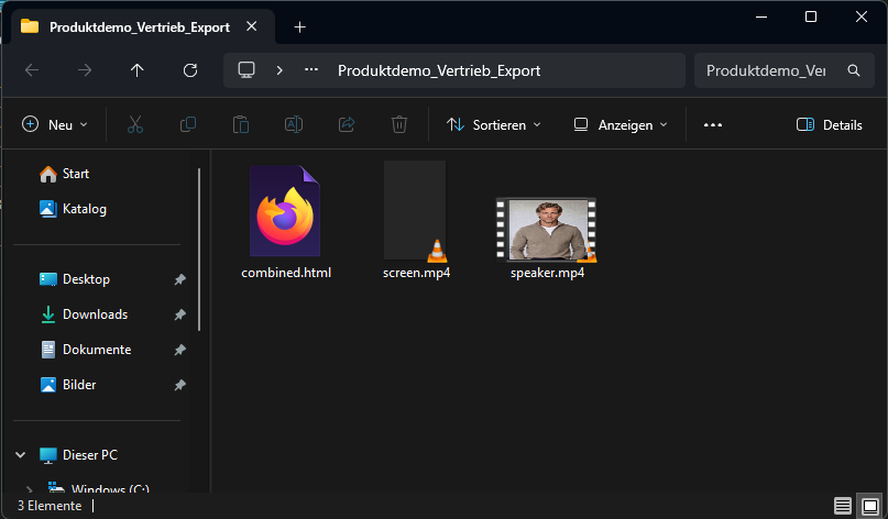 Screenshot: Exportierter Ordner mit screen.mp4, speaker.mp4 und combined.html