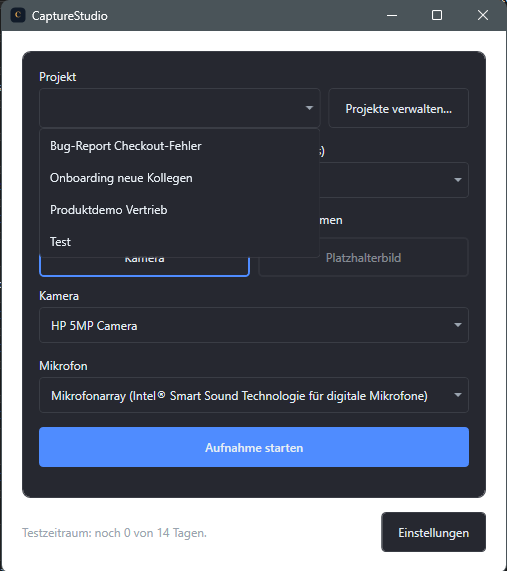 Screenshot: Geoeffnete Projekt-Combobox mit Verwalten-Button und Projektliste