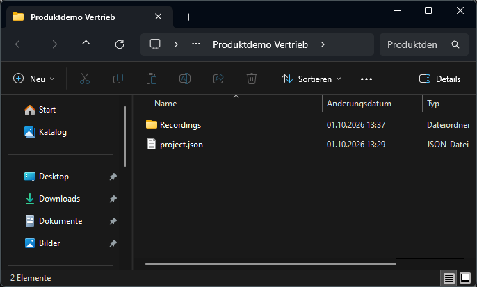 Screenshot: Windows-Explorer mit Projektordner, project.json und Recordings-Unterordner