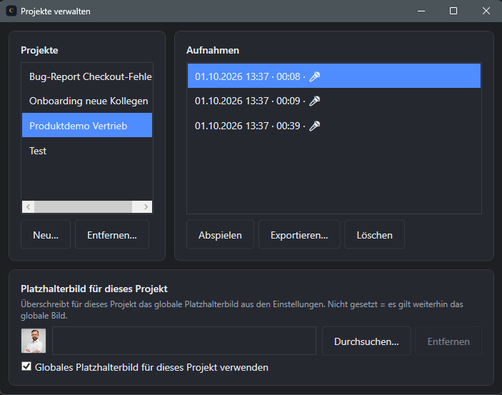 Screenshot: Aufnahmenliste mit Play, Export und Loeschen je Eintrag