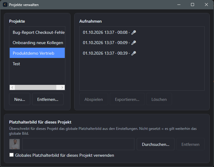 Screenshot: Projekteinstellungen mit projektspezifischem Platzhalterbild