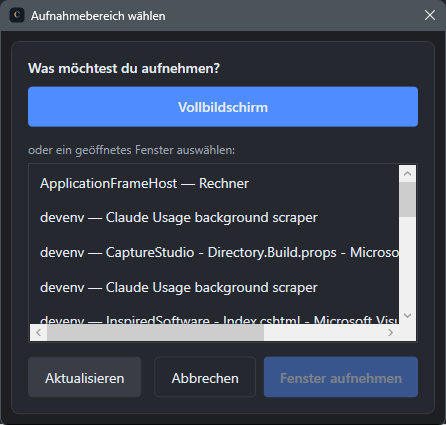Screenshot: Dialog Aufnahmebereich waehlen beim Start der Aufnahme