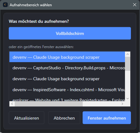 Screenshot: Ein Fenstereintrag markiert, Fenster-aufnehmen-Button jetzt aktiv
