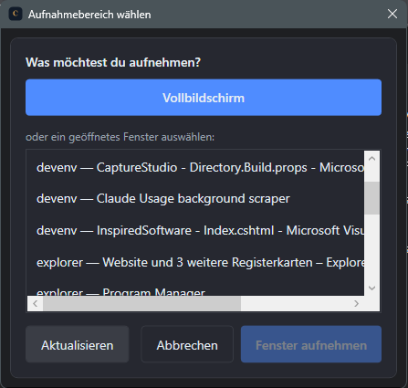 Screenshot: Fensterliste mit Eintraegen aus Entwicklungsumgebung und Datei-Explorer