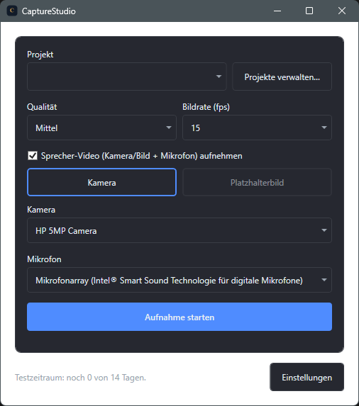 Screenshot: Checkbox Sprecher-Video aufnehmen im Hauptfenster, aktiviert mit Kamera-Kachel