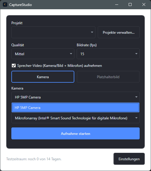 Screenshot: Geoeffnetes Kamera-Dropdown und Mikrofon-Dropdown im Hauptfenster