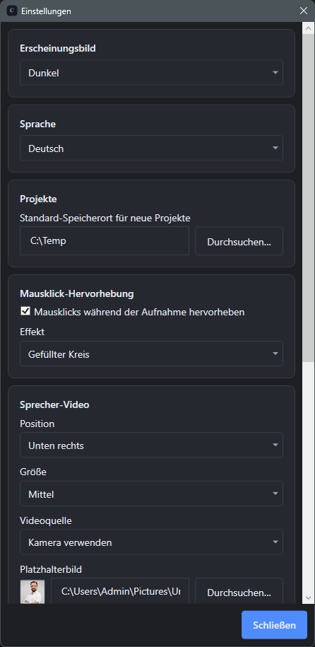 Screenshot: Einstellungen mit PiP-Positions-Dropdown, aktuell unten rechts gewaehlt