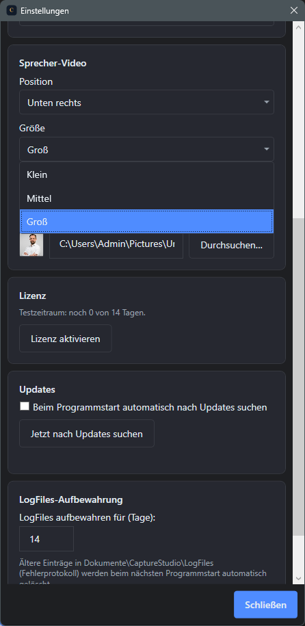 Screenshot: Geoeffnetes Groesse-Dropdown mit Klein, Mittel und Gross