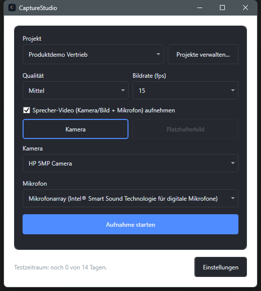 Screenshot: Hauptfenster mit gewaehltem Projekt und Start-Button