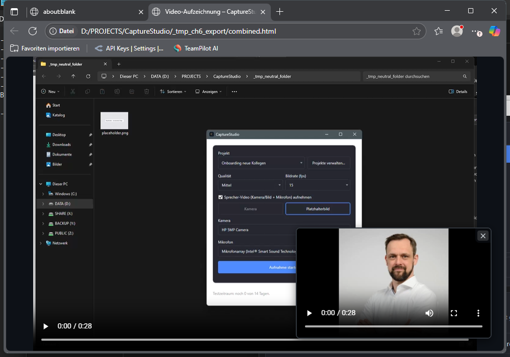 Screenshot: combined.html im Browser geoeffnet mit Bildschirm-Video und Sprecher-PiP