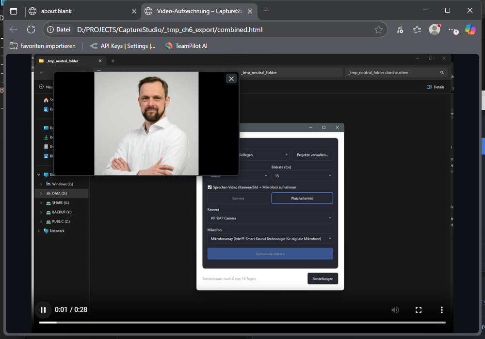 Screenshot: Beide Videos synchron im combined.html Player, laufende Wiedergabe