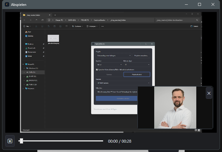 Screenshot: Player-Fenster in CaptureStudio mit laufender Wiedergabe und Sprecher-PiP