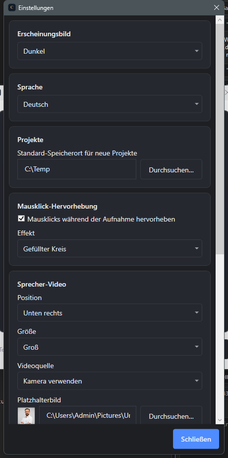 Screenshot: Einstellungen mit Theme-Auswahl Hell Dunkel und Sprachauswahl