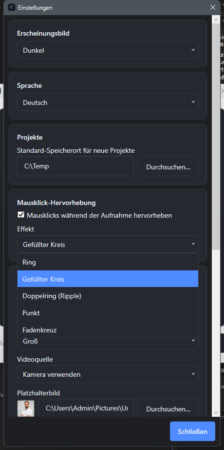 Screenshot: Einstellungen fuer Klick-Hervorhebung mit geoeffneter Stilauswahl Ring Kreis Ripple Punkt Fadenkreuz