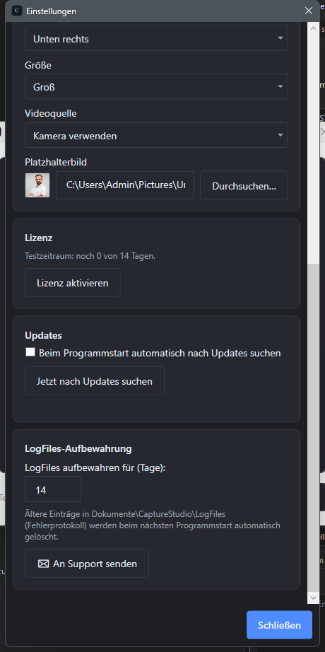 Screenshot: Einstellungen mit Update-Check Log-Aufbewahrung und An-Support-senden-Button