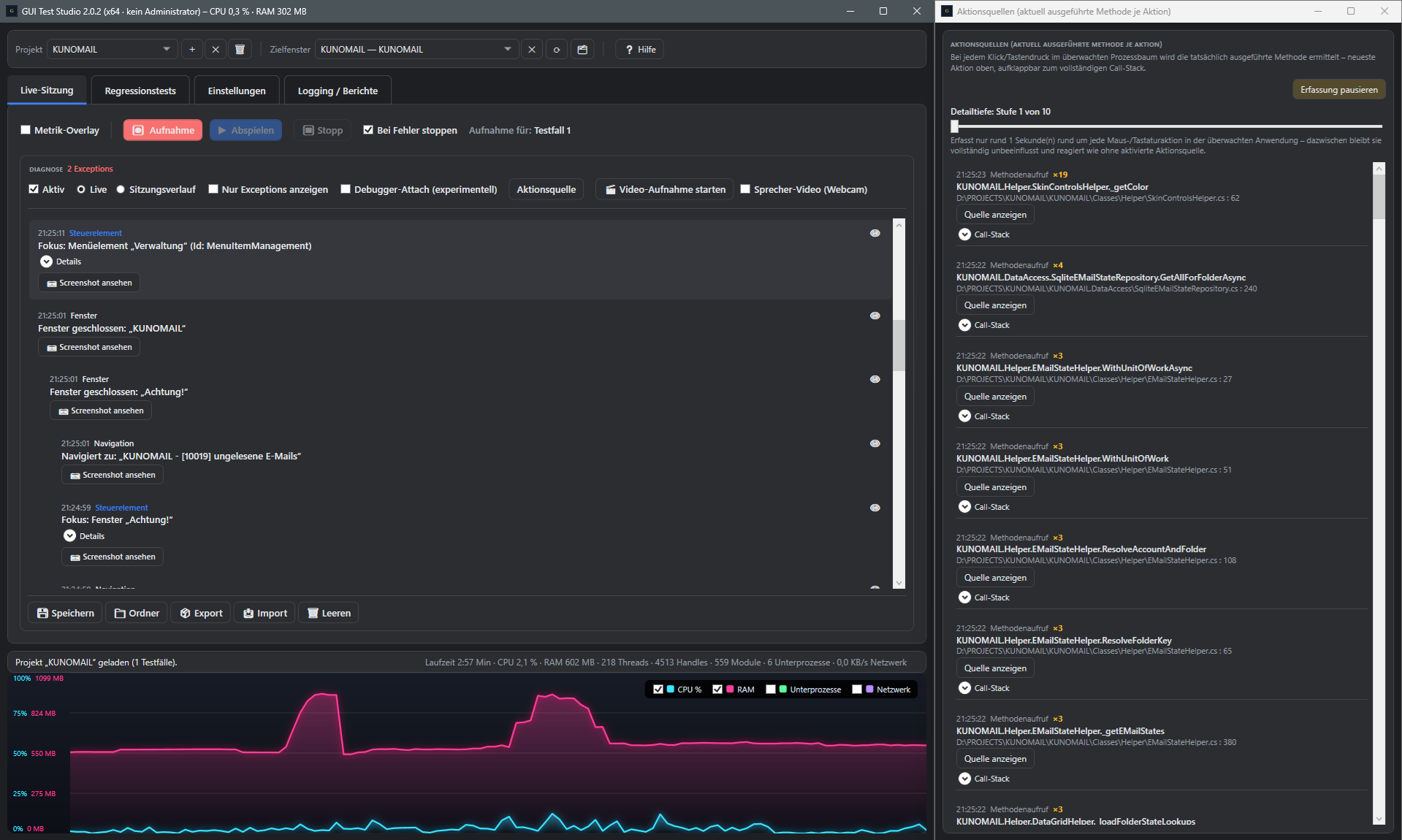 Screenshot: Live-Analyse in GUI Test Studio