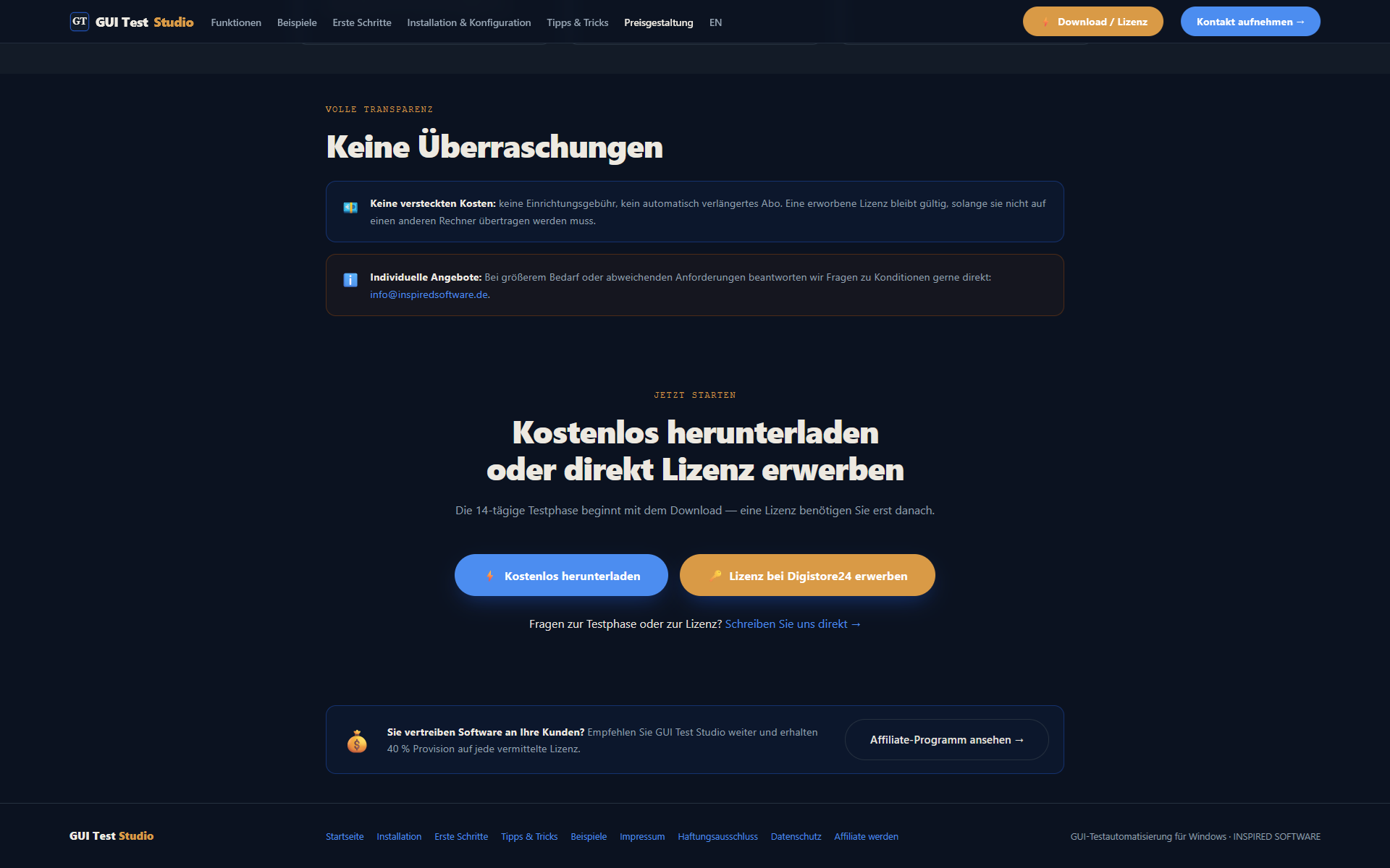Screenshot: Download- und Lizenzseite von GUI Test Studio