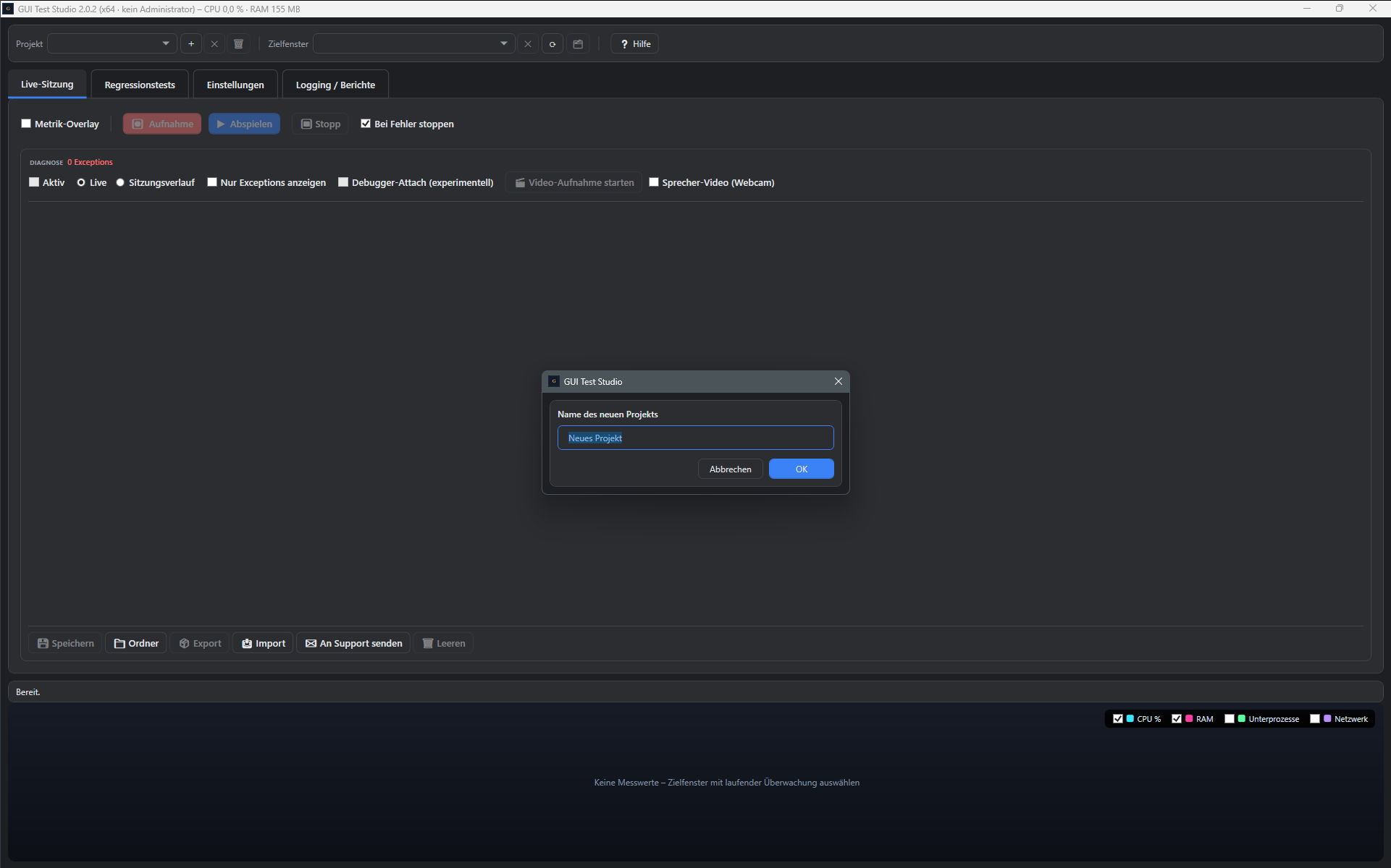 Screenshot: Dialog zum Anlegen eines neuen Projekts
