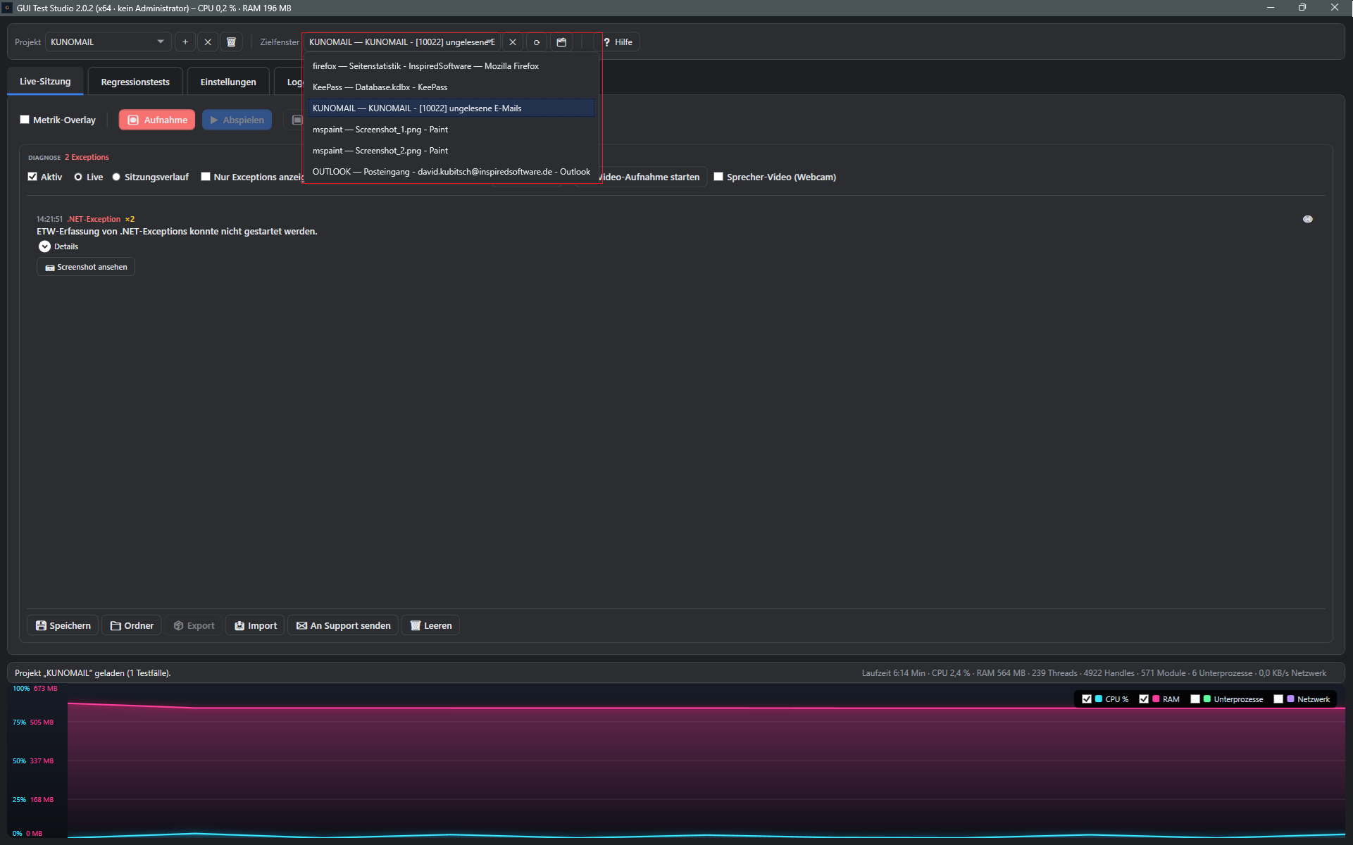 Screenshot: Zielfenster-Dropdown mit erkannten Fenstern