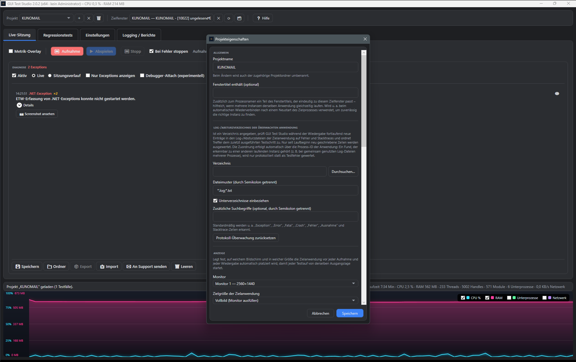 Screenshot: Projekteigenschaften mit Log-Verzeichnis und Monitor-Auswahl