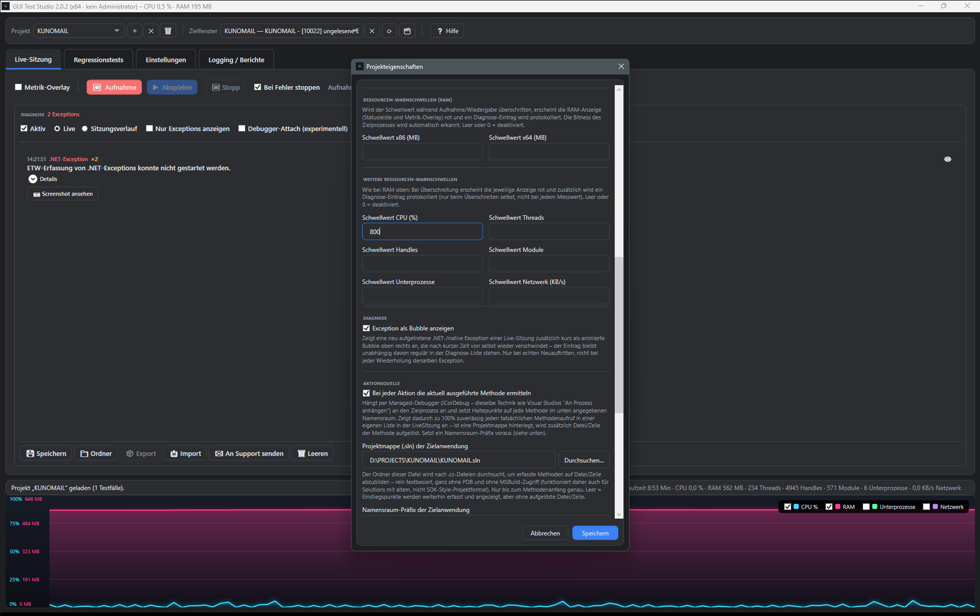 Screenshot: Ressourcen-Warnschwellen für RAM, CPU und mehr